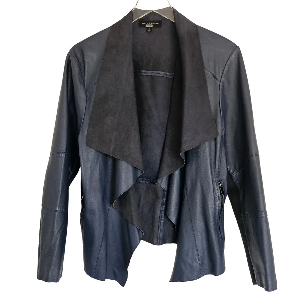 Slate & Willow Genuine Leather Drape Moto Jacket XL Open Front Navy Blue